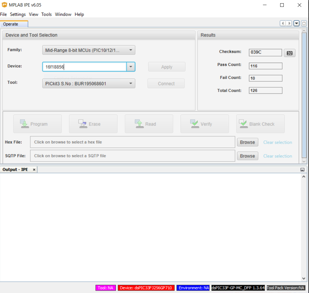 Tela de configuração do MPLAB IPE (campos Device, Tool e Source)
