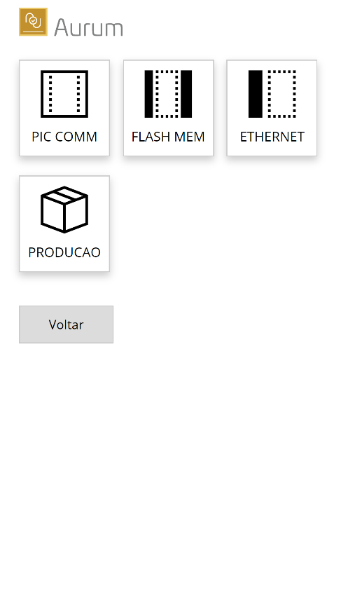 Tela index_pro.html com as opções PIC COM, FLASH MEM, ETHERNET e PRODUCAO