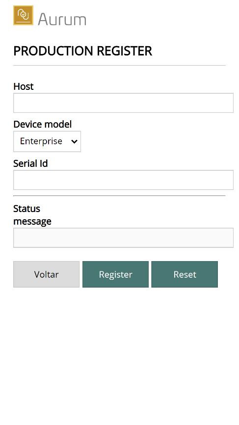 Tela de Registro de Produção (campos Host, Device model, Serial Id, Status message)