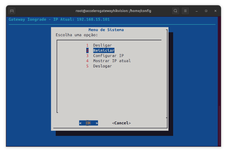 Menu de Sistema — opção Reiniciar