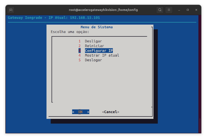 Menu de Sistema — opção Configurar IP