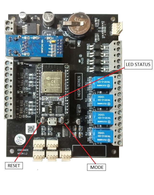 Figura com a localização dos botões RESET e MODE e do LED STATUS na placa