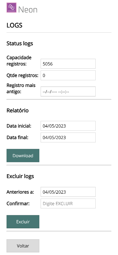 Tela de Logs