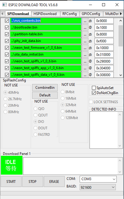 Tela do ESP32 Download Tool com porta COM e botões ERASE/START