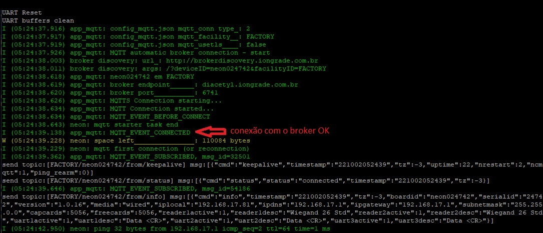 PuTTY com as mensagens finais de boot confirmando conexão com o broker