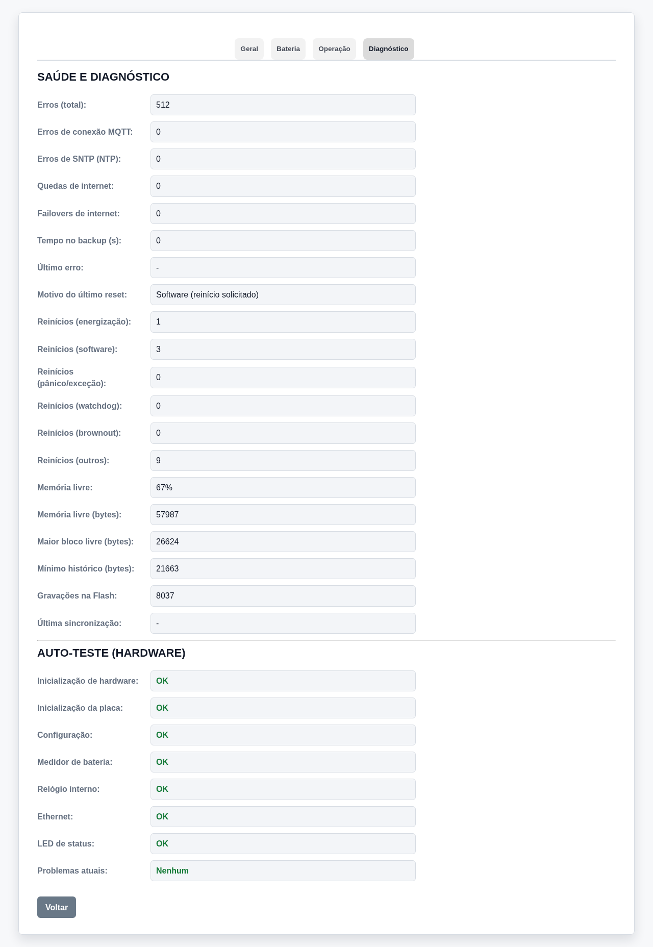 Página Info — aba Diagnóstico