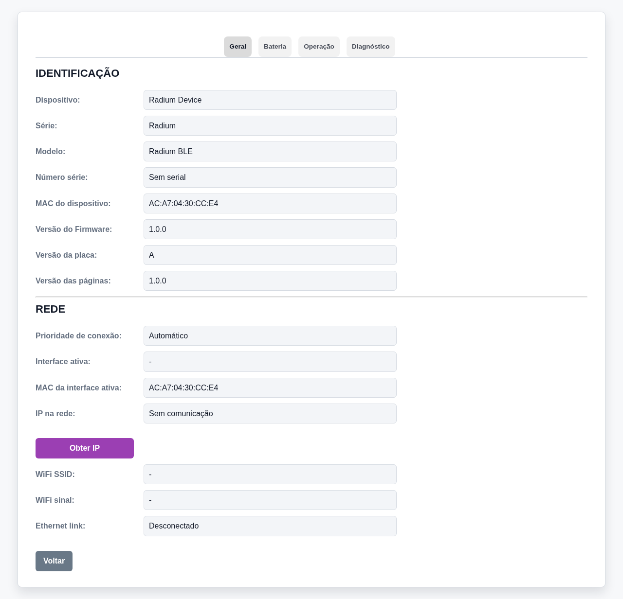 Página Info — aba Geral