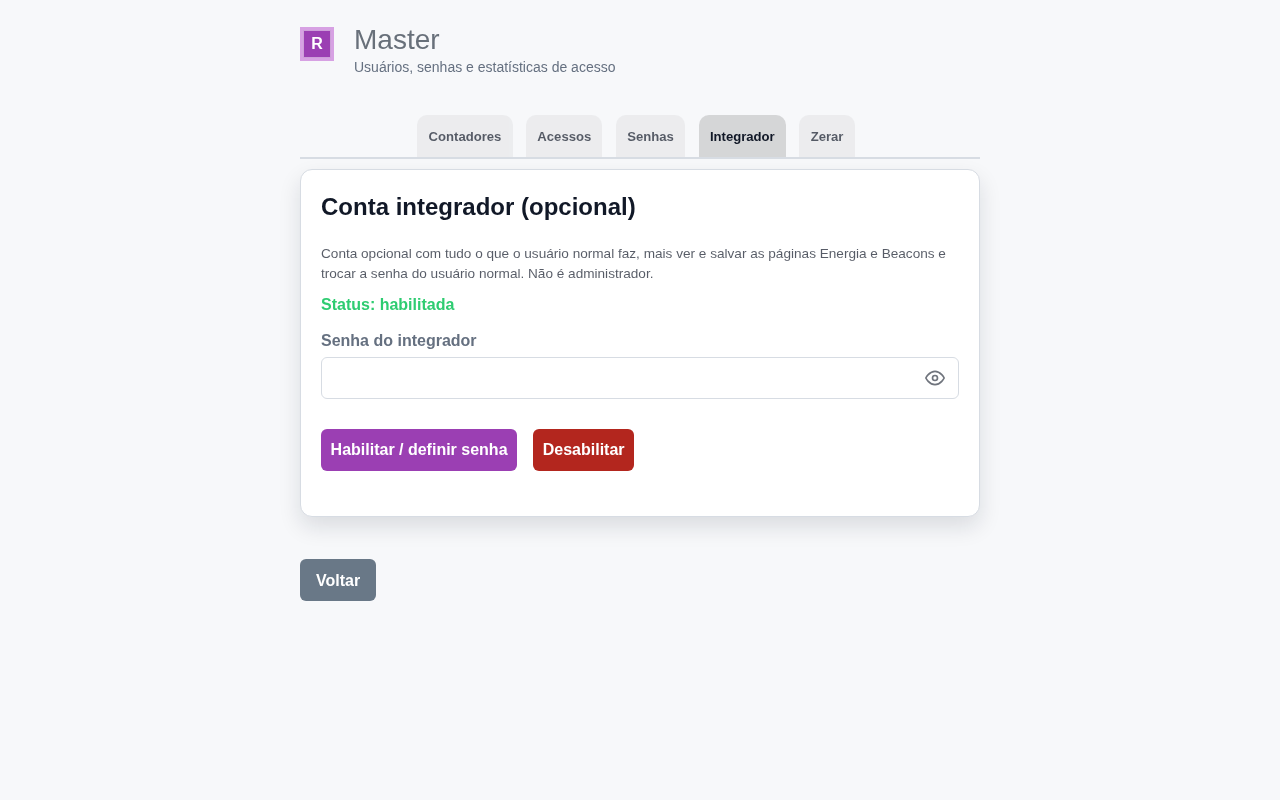 Master ▸ Integrador — status da conta opcional, campo de senha e os botões Habilitar / definir senha e Desabilitar