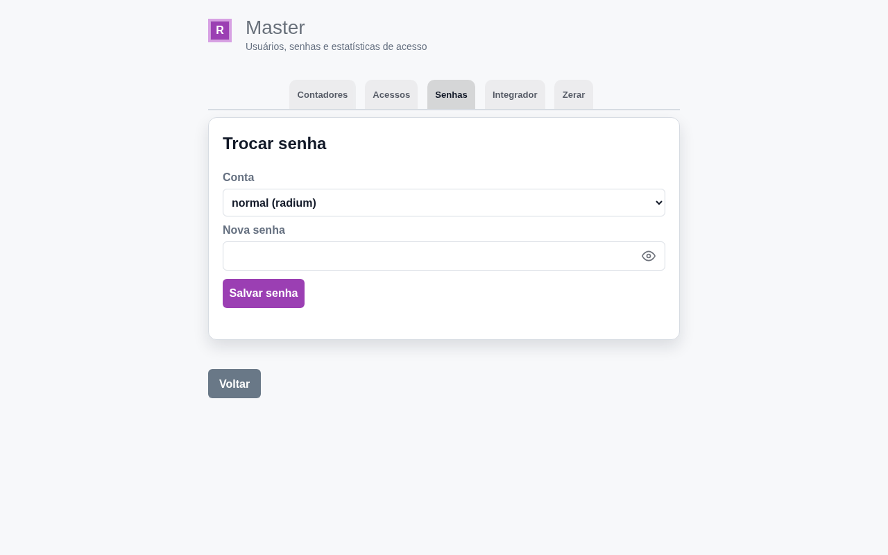 Master ▸ Senhas — o seletor oferece apenas as contas normal, produção e integrador