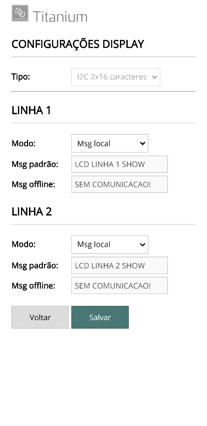 Tela de configuração do modo de operação do display LCD (linhas e mensagens online/offline)