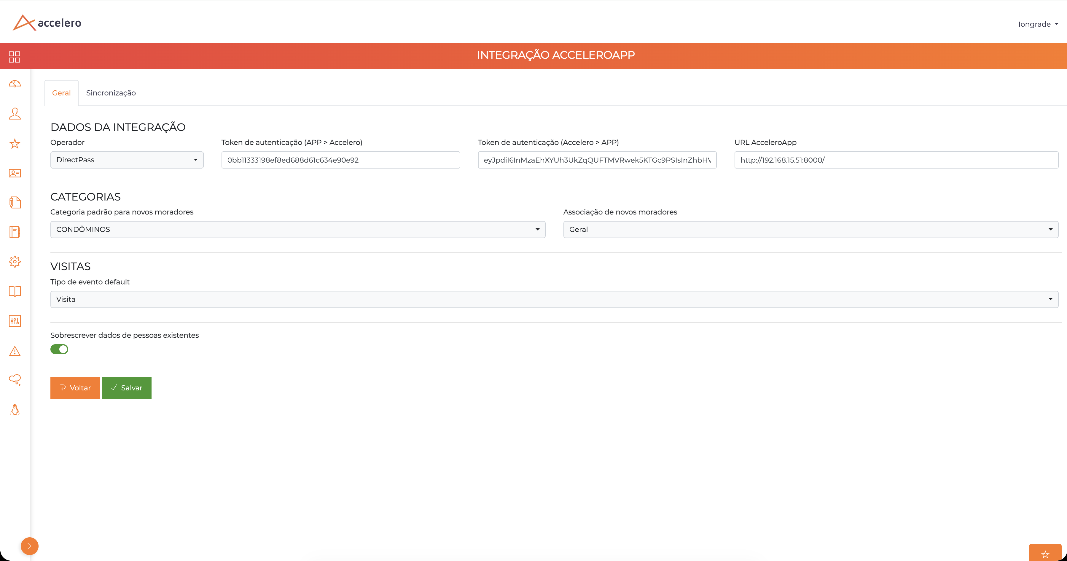 A aba Geral, dentro do Controle de Acesso: operador, os dois tokens (sentidos opostos), URL e os padrões de categoria/associação/evento aplicados a quem chega do app.
