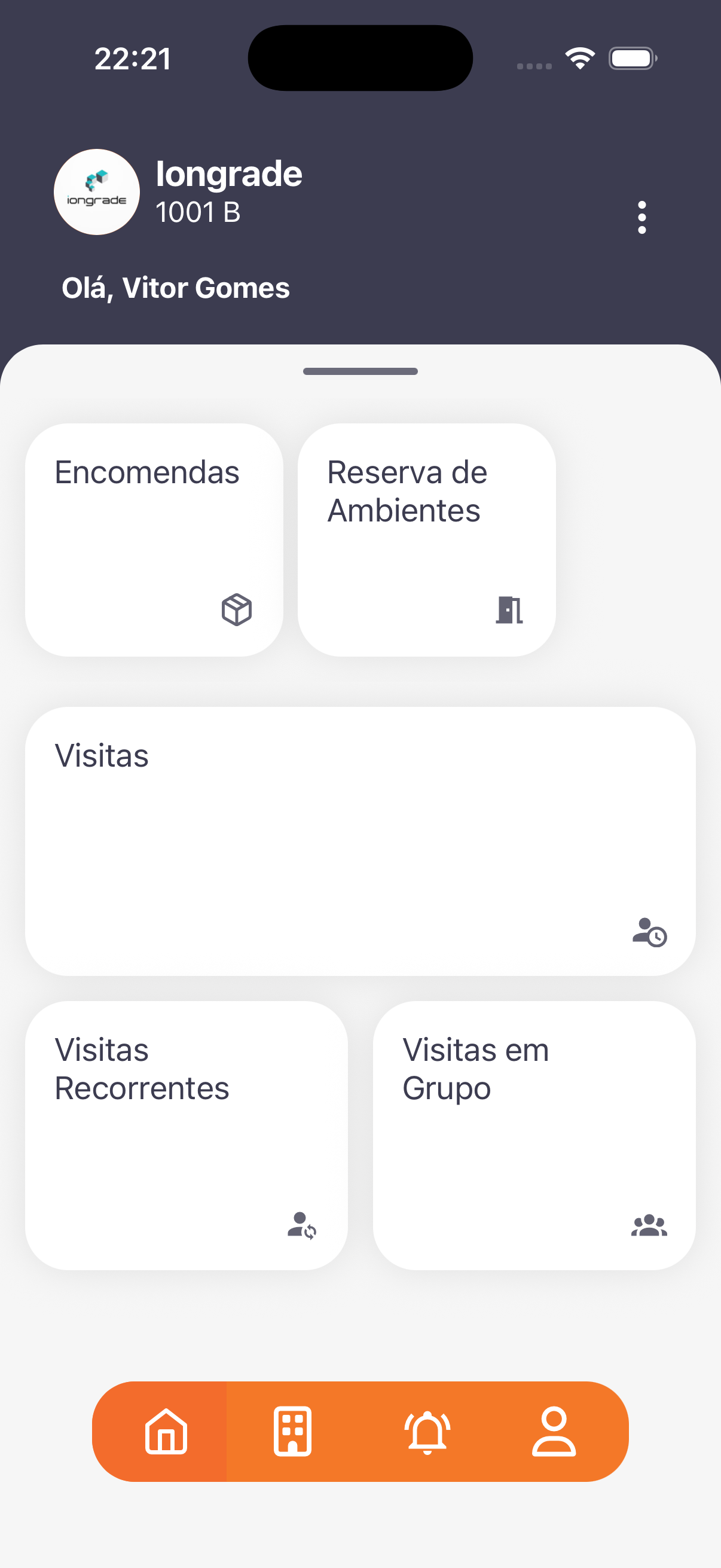 Aprovado na unidade, o morador vê os cards de funcionalidades na home.