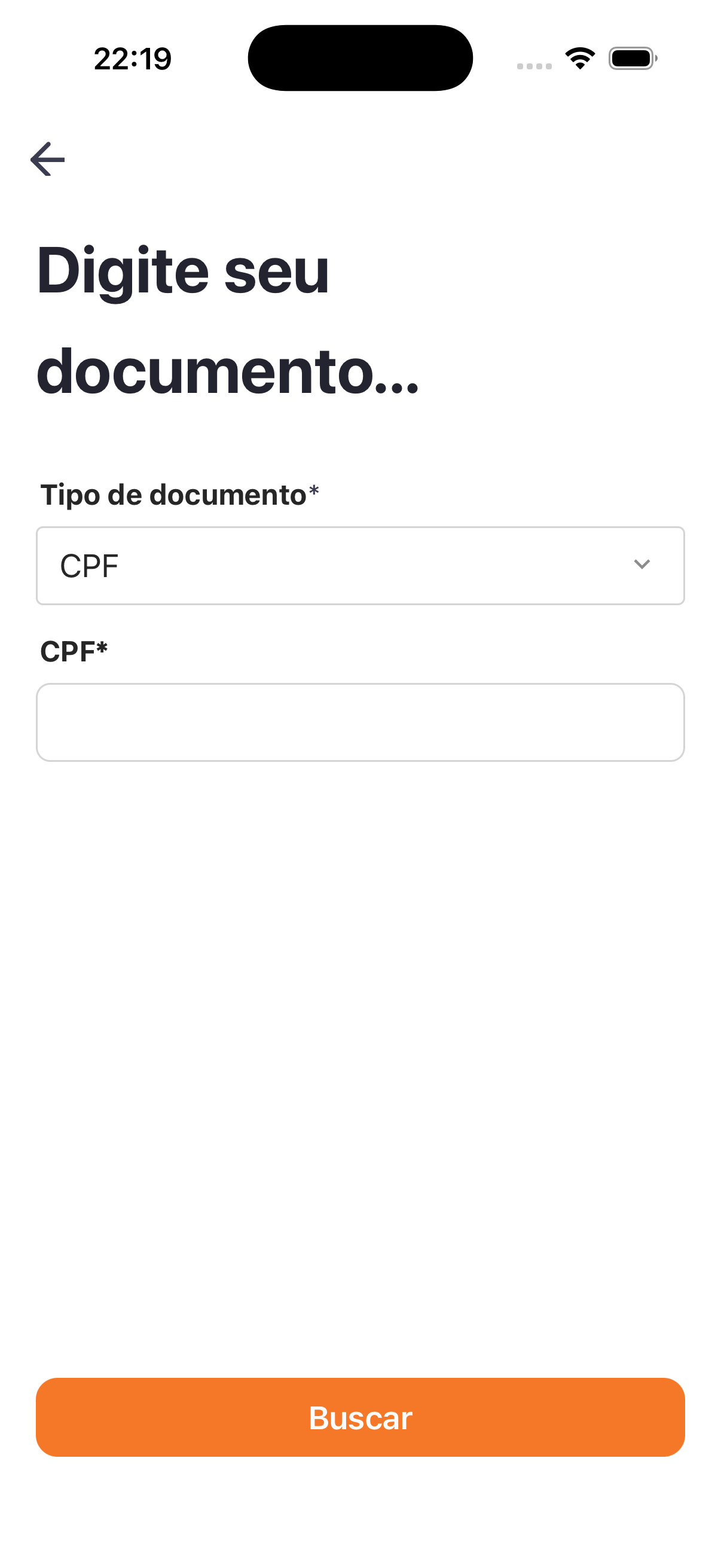 Busca da pessoa pelo documento (tipo + número) para iniciar o cadastro.