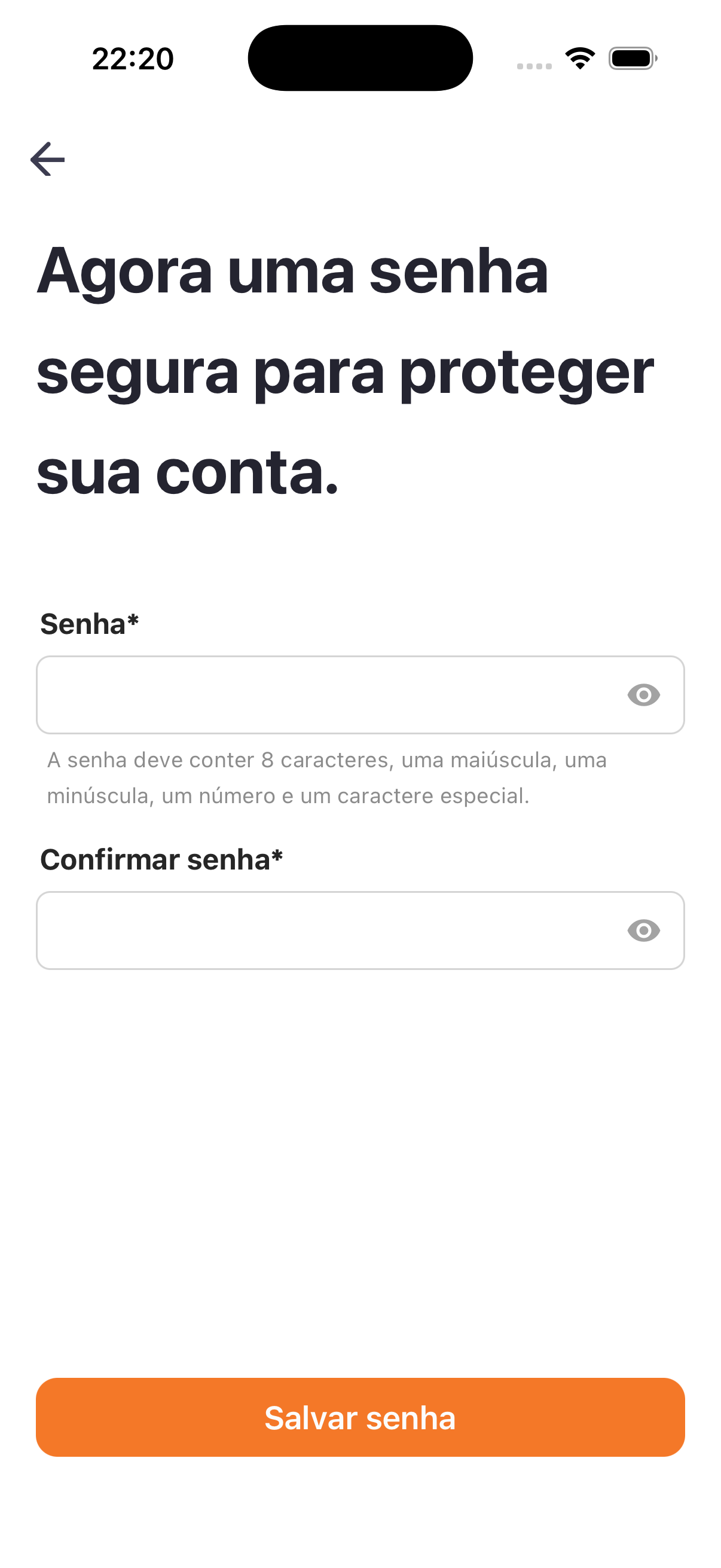 Definição da senha, com as regras de segurança exigidas.