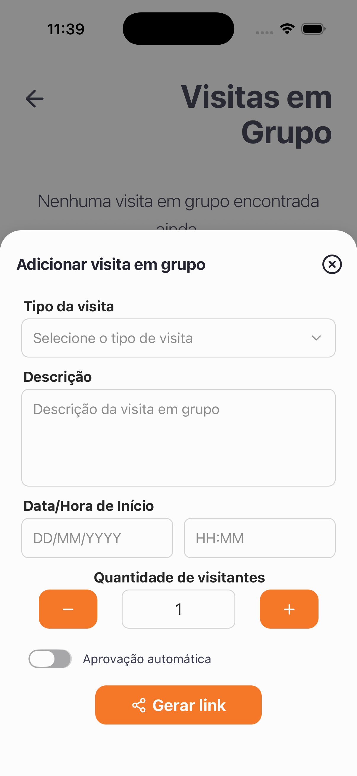 O morador descreve o evento, define a data e a quantidade de convidados antes de gerar o link único.
