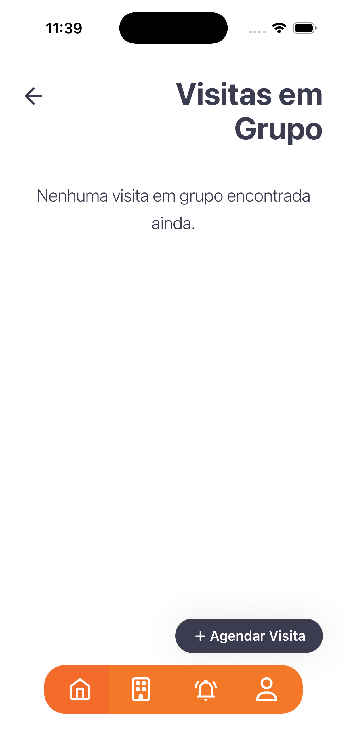 O card Visitas em Grupo lista os convites coletivos; sem nenhum, o morador inicia por + Agendar Visita.