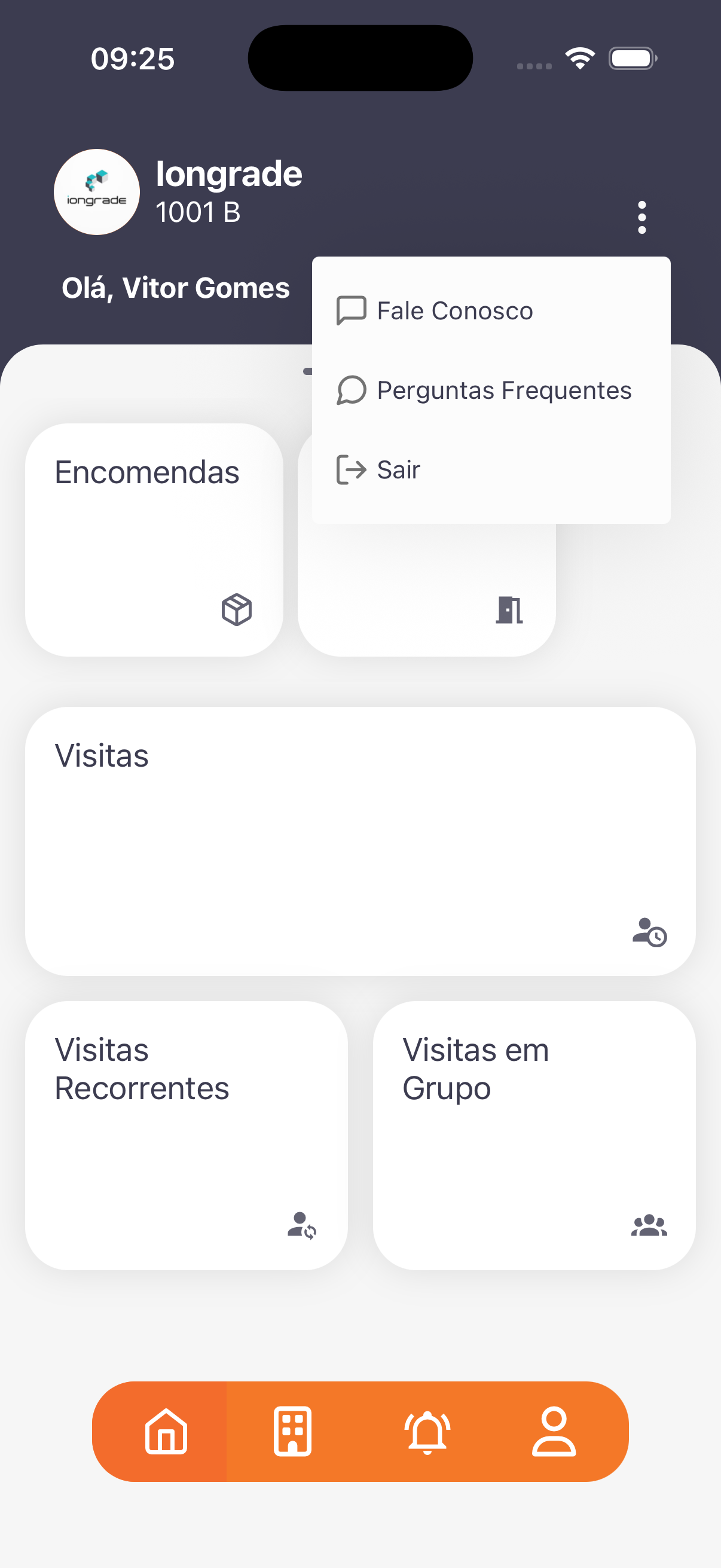 O menu ⋮ no cabeçalho dá acesso a Fale Conosco, Perguntas Frequentes e Sair.