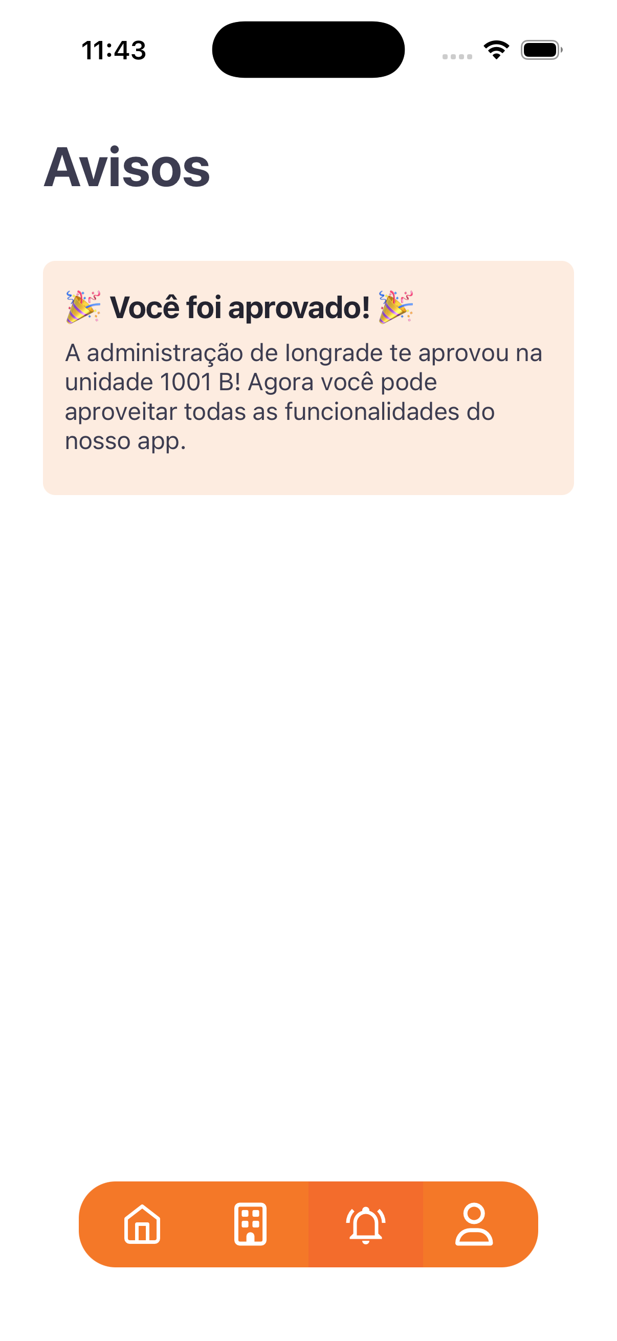 Aba Avisos: o morador recebe aqui os comunicados automáticos do sistema e os enviados pela administração.
