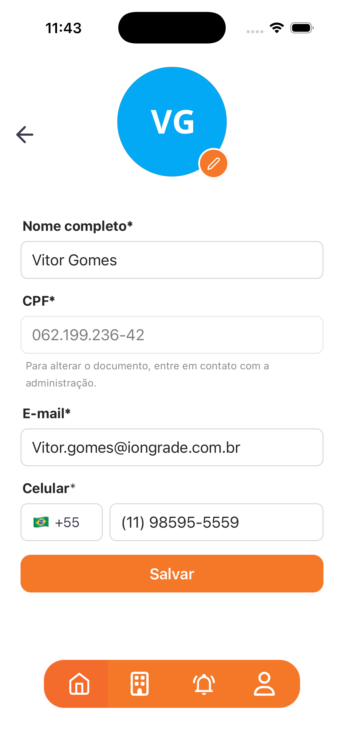 Em Editar perfil o morador ajusta nome, e-mail, celular e foto; o documento fica bloqueado.