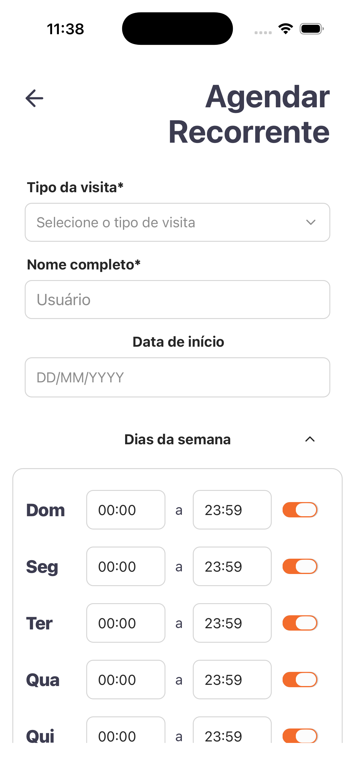 O morador informa o visitante e ativa, por dia da semana, a janela de horário em que ele pode entrar.
