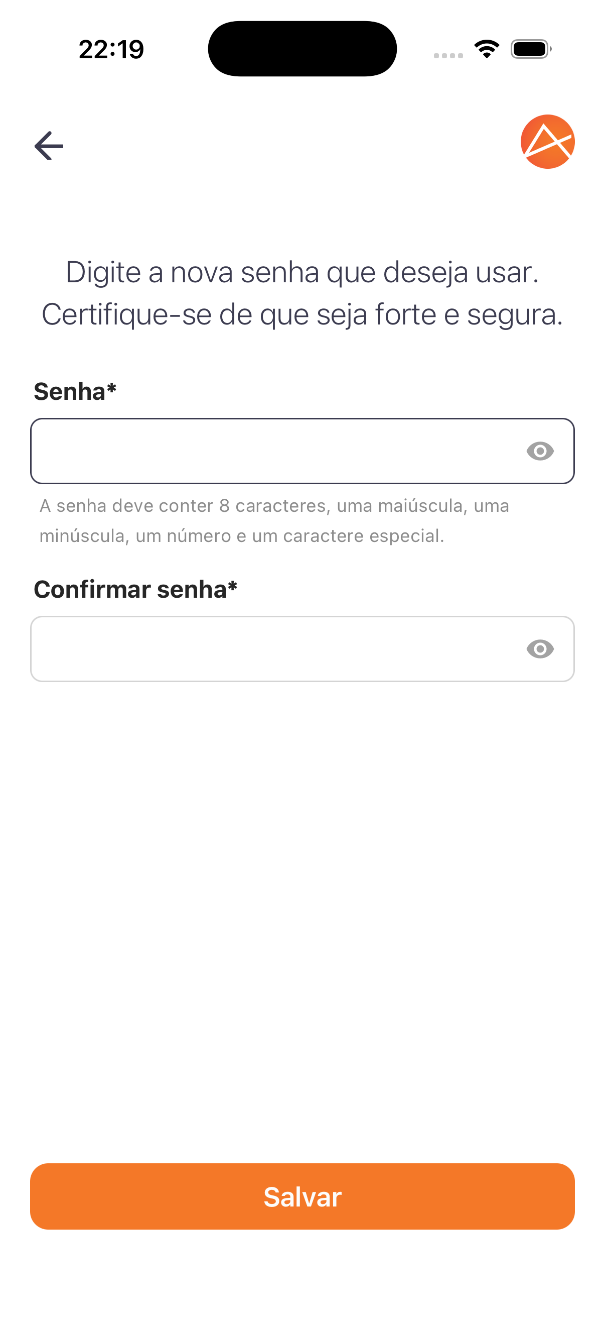 Por fim, define-se a nova senha seguindo as mesmas regras de complexidade do cadastro.