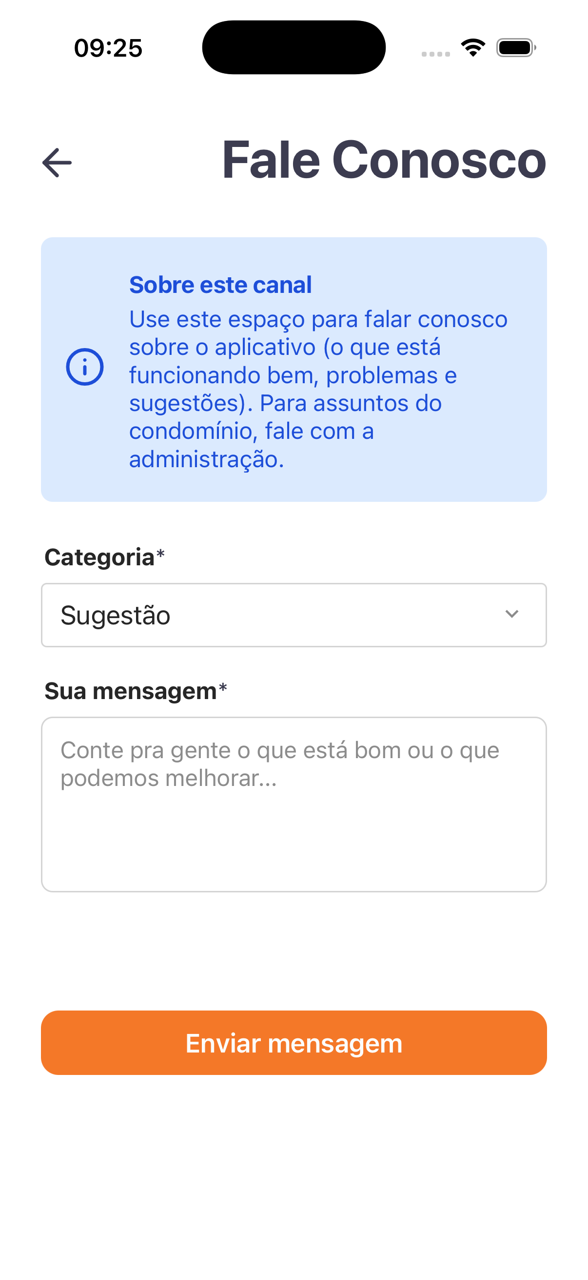 Formulário de feedback sobre o app: escolha a categoria e escreva a mensagem para o time do aplicativo.