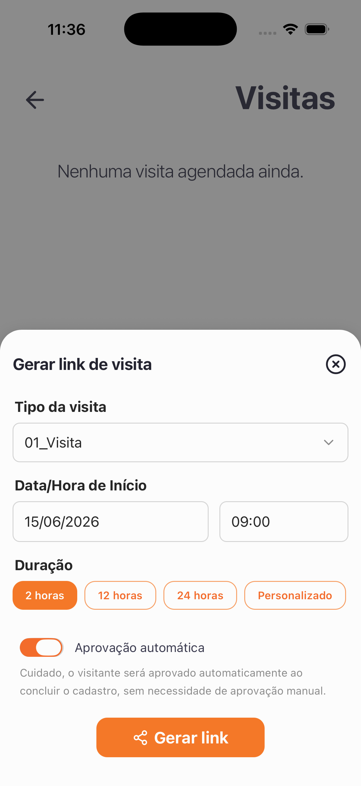 Com os dados preenchidos surge a Duração; ligar a Aprovação automática mostra o aviso de liberação sem aprovação manual.