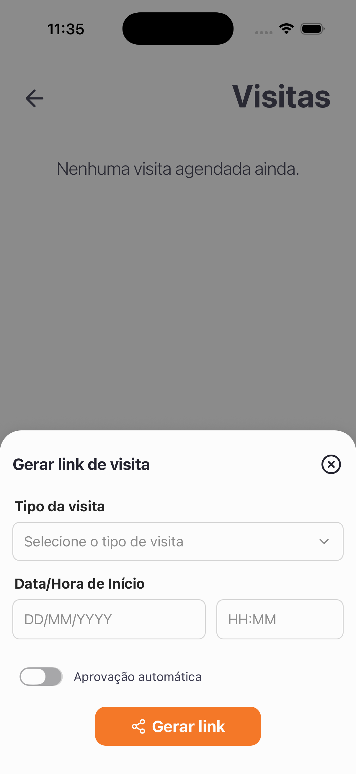 O morador escolhe o tipo de visita e a data/hora de início antes de gerar o link.