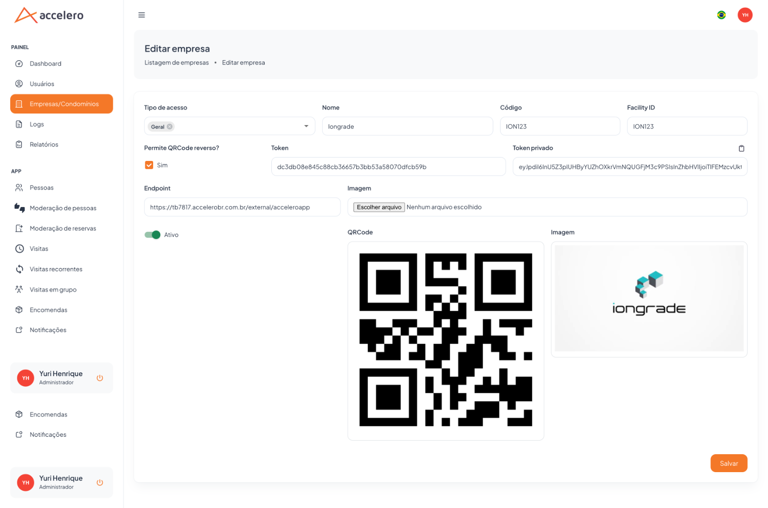 No cadastro da empresa nascem as keys (Token, Token privado, Facility ID e Endpoint) que depois são levadas para a Integração no Controle de Acesso.