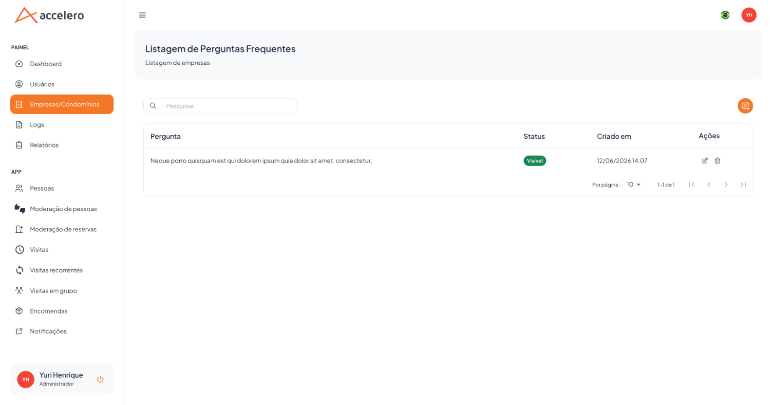 A listagem mostra as perguntas frequentes do condomínio, com status de visibilidade e a data de criação.