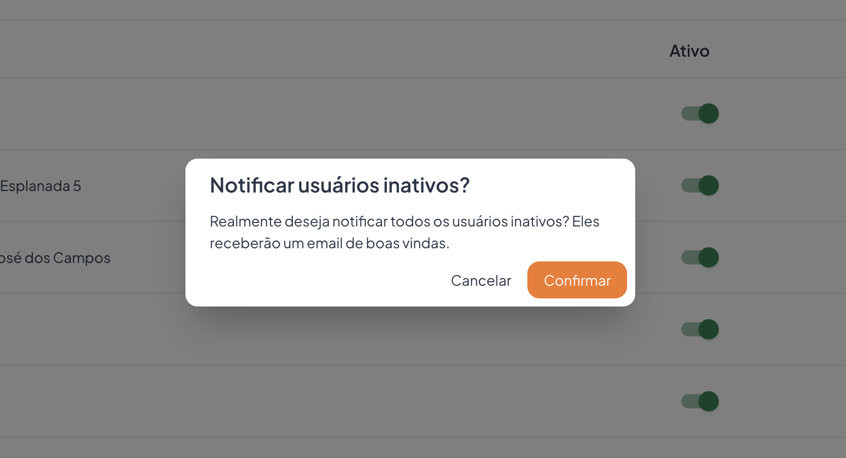 Confirmação antes de disparar o e-mail de boas-vindas a todos os moradores inativos da empresa.