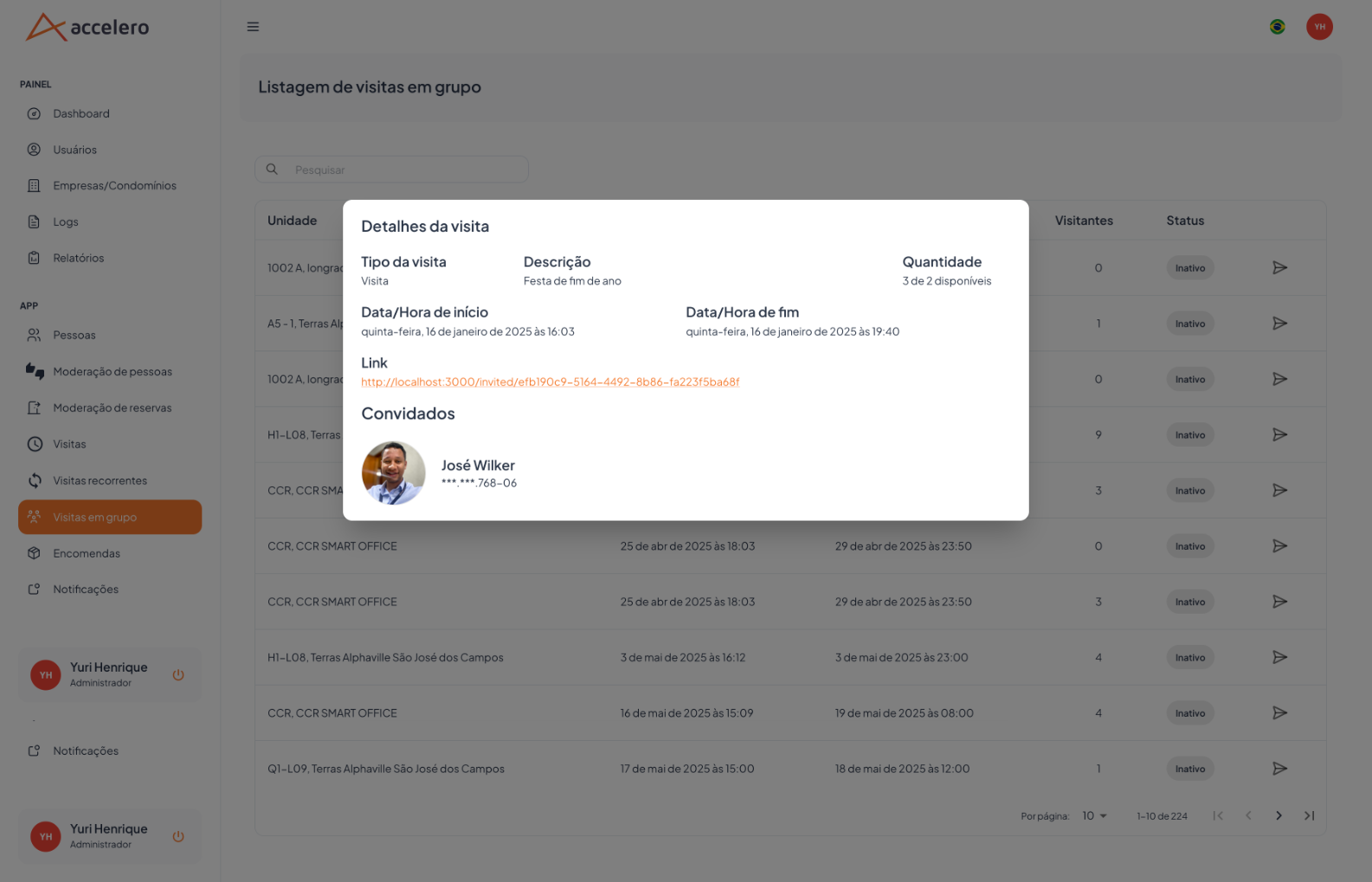 Os detalhes reúnem a capacidade (X de Y), a janela e o link de convite compartilhável que os convidados usam para confirmar presença.