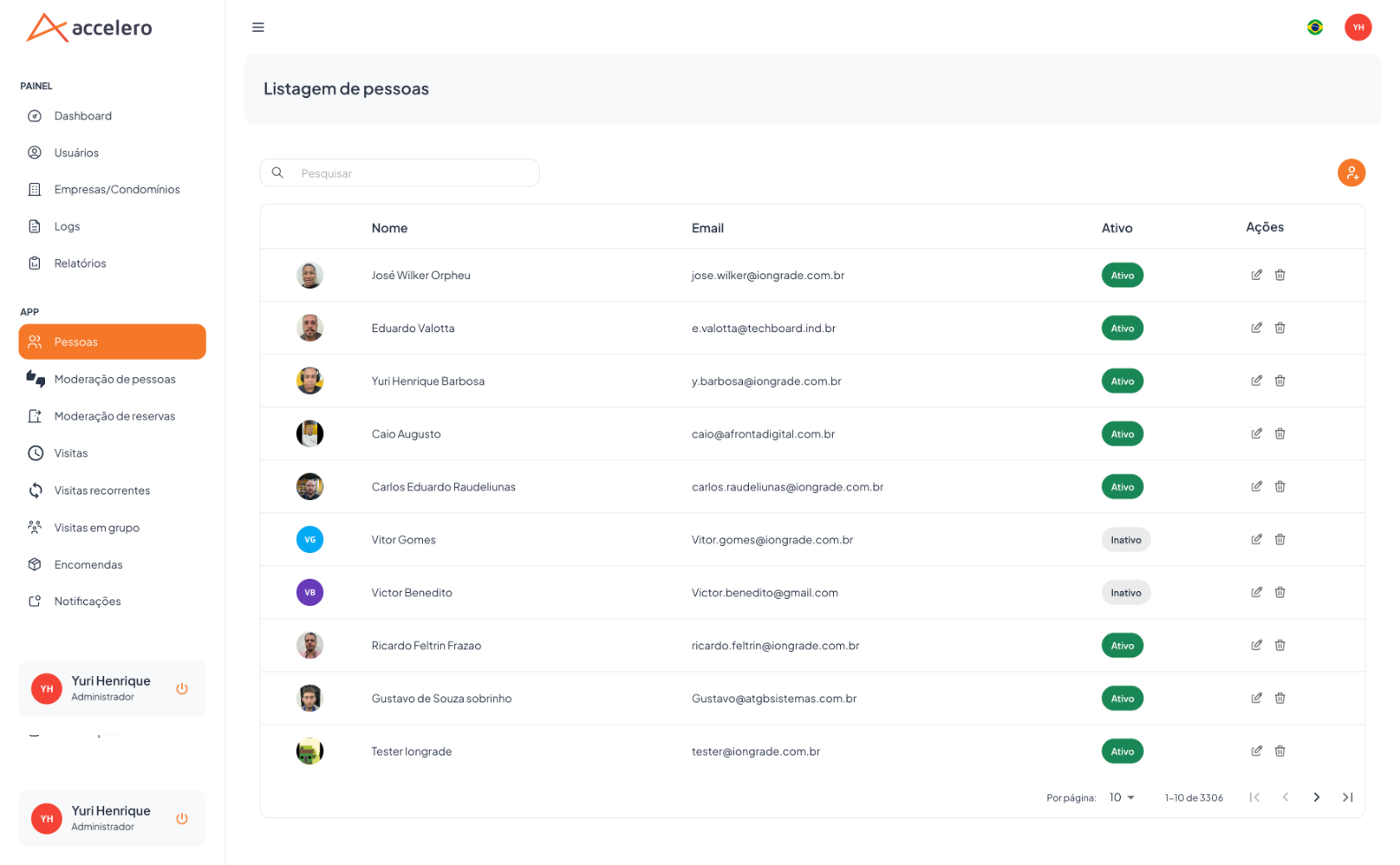 A base de moradores que o App consome e que é sincronizada com o Controle de Acesso; cada linha mostra avatar, nome, e-mail e situação ativo/inativo.