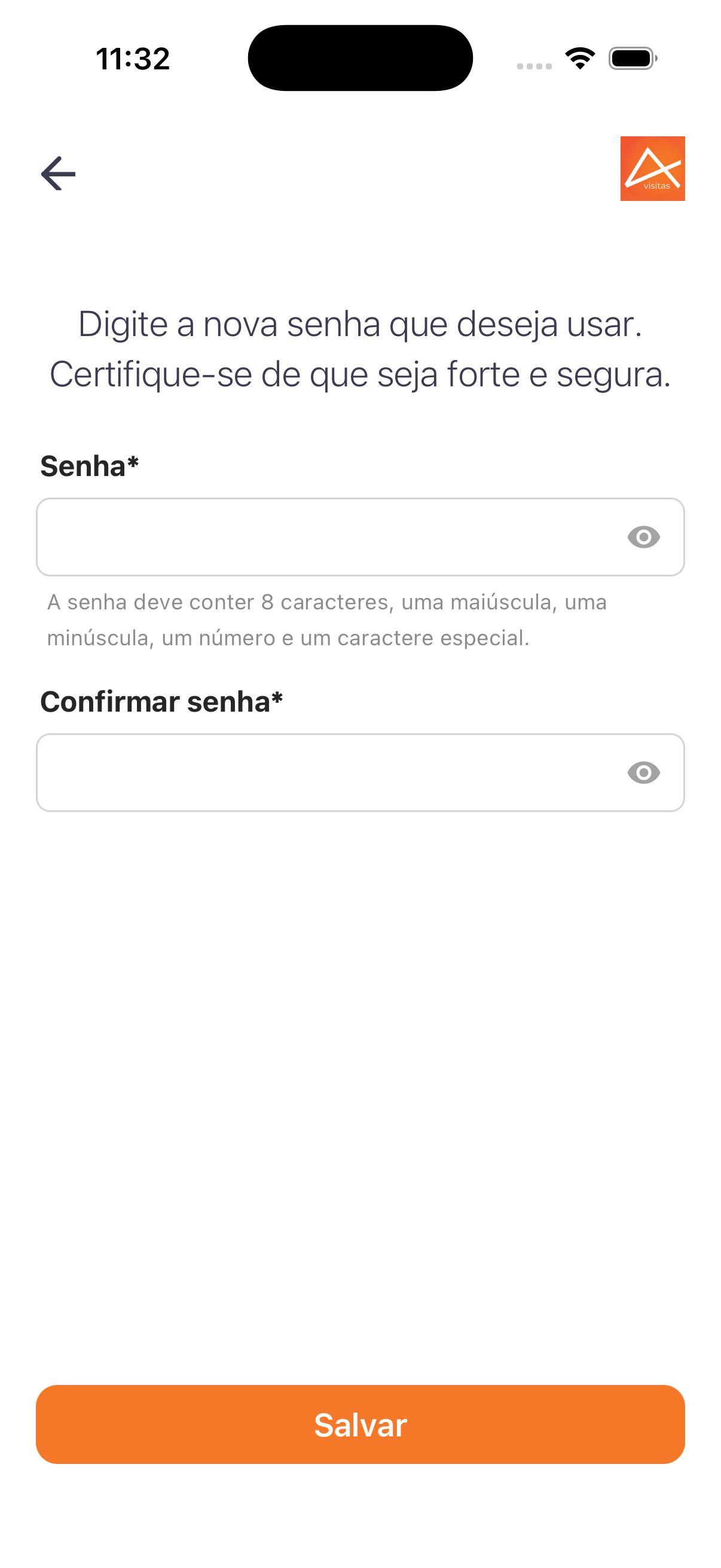 No app, o aprovador define e confirma a nova senha, seguindo as regras de segurança.