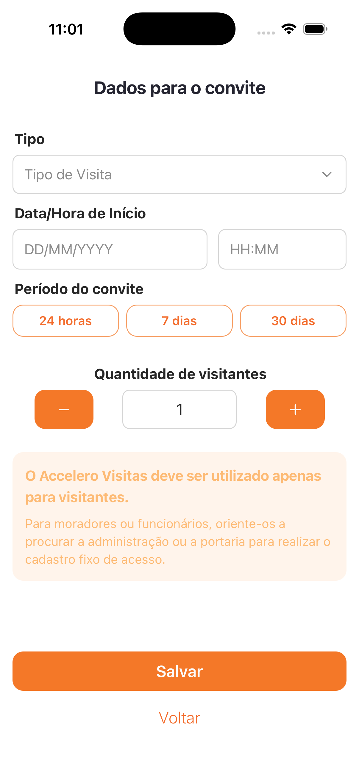 No app, o aprovador define tipo, data/hora, período de validade e quantidade de visitantes para gerar o convite.