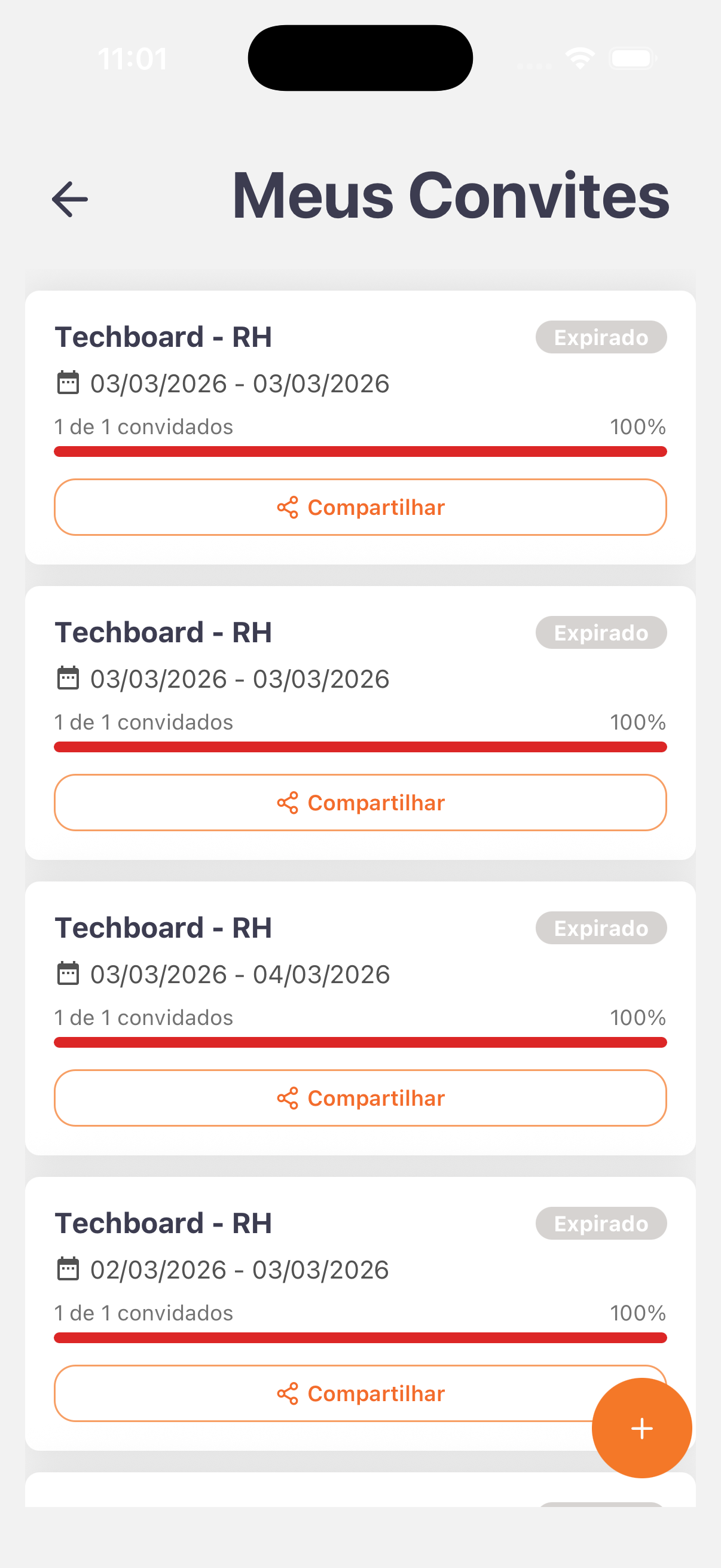 No app, Meus Convites mostra cada convite criado com o comparecimento em barra de progresso.