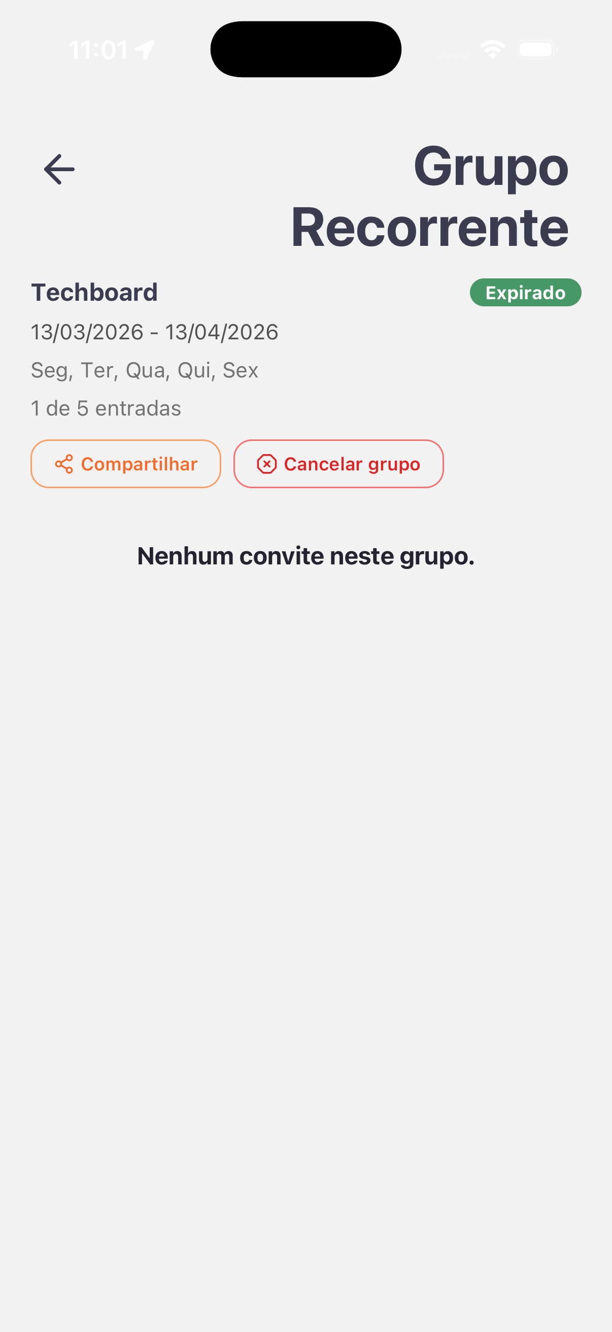 Ao abrir Ver detalhes, o aprovador acompanha as entradas do grupo e pode compartilhar ou cancelá-lo.