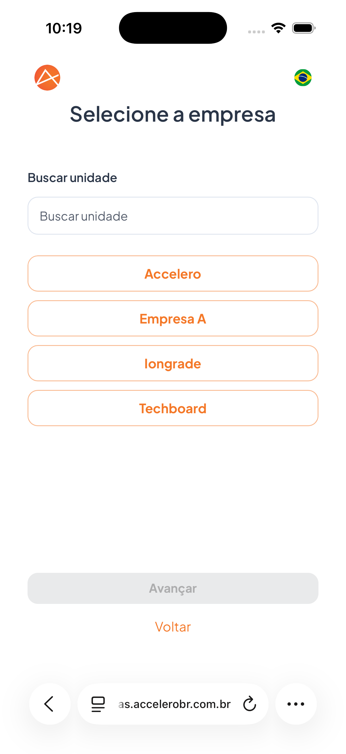 O visitante escolhe a empresa/unidade de destino; o campo de busca filtra a lista.