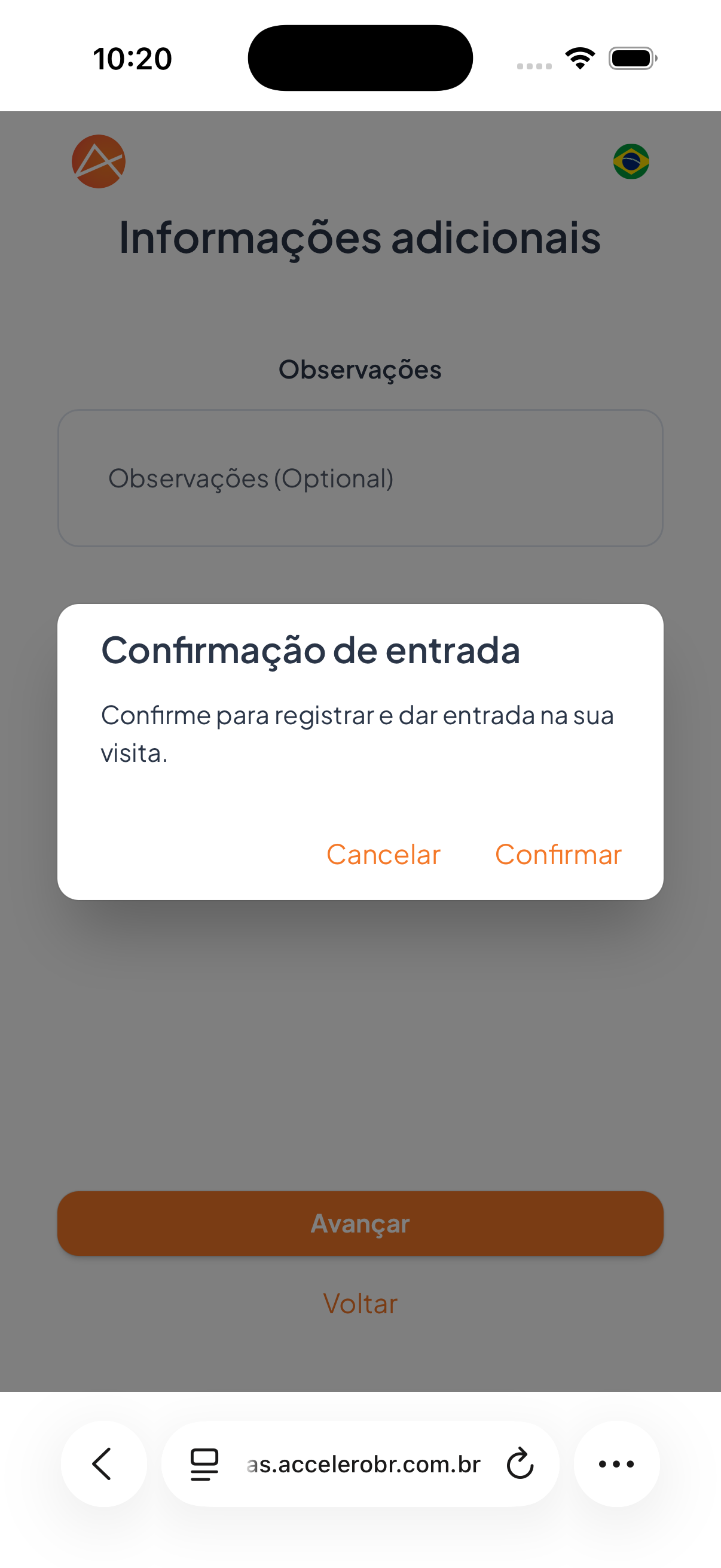 Caixa de confirmação final: ao confirmar, a entrada é registrada e segue para a autorização.
