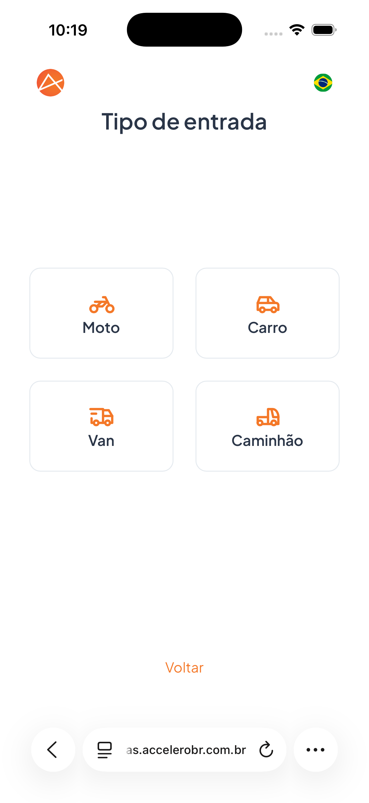 Ao escolher veículo, o visitante informa a categoria: Moto, Carro, Van ou Caminhão.