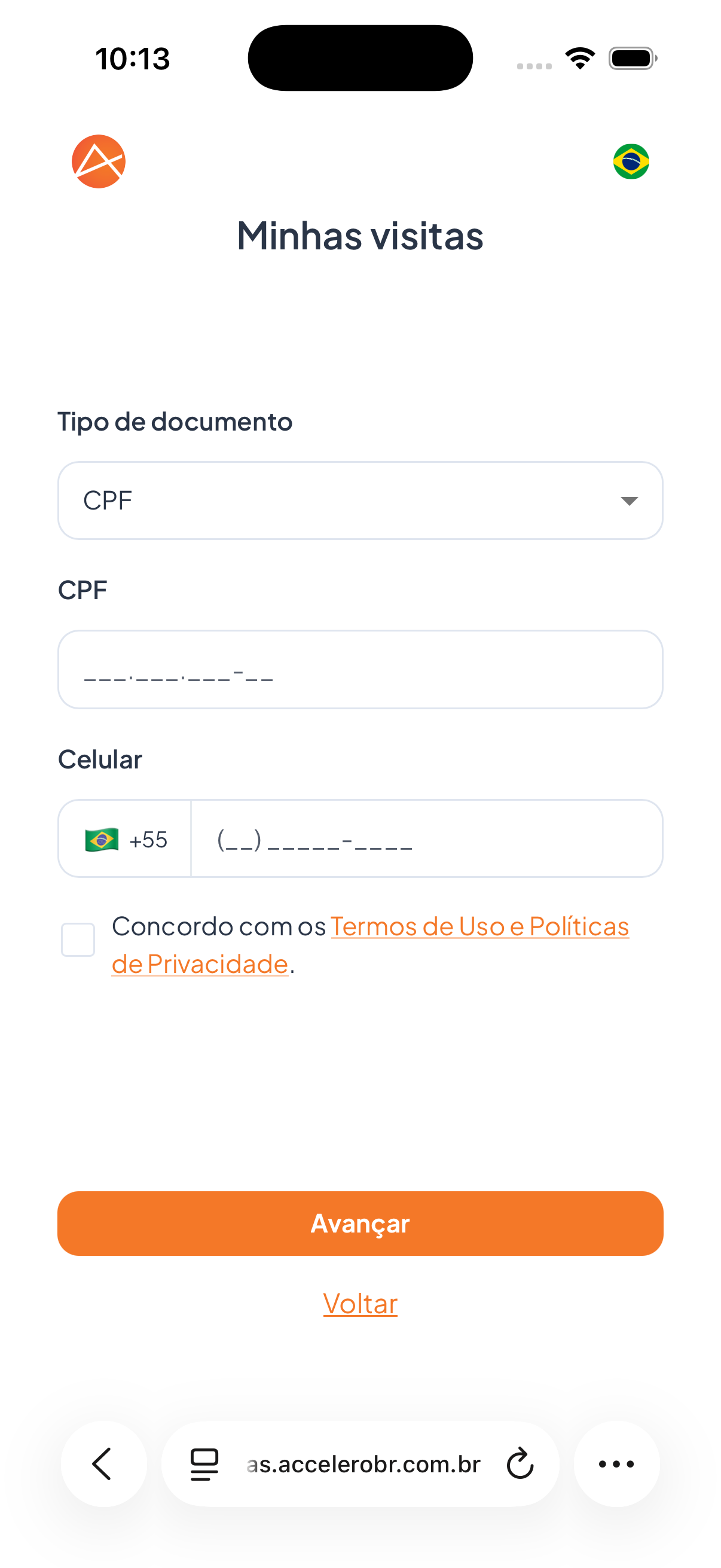 Para abrir o histórico, o visitante se identifica pelo documento e celular e aceita os termos.