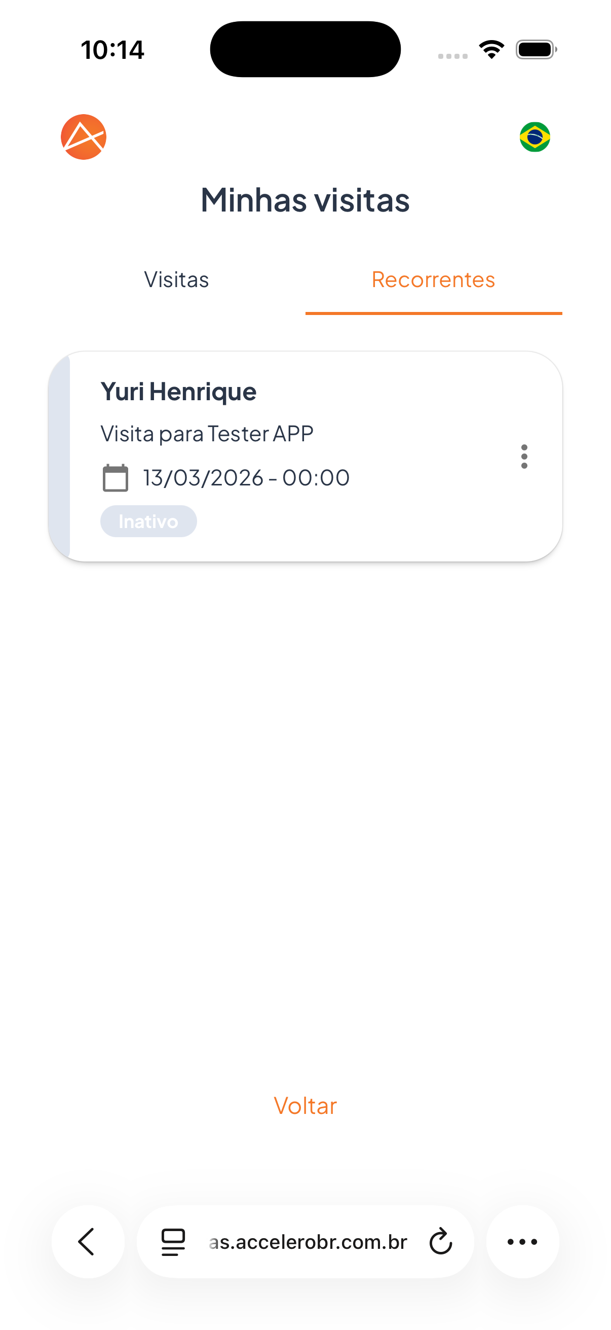 Aba Recorrentes: visitas recorrentes do visitante, com status como Inativo.