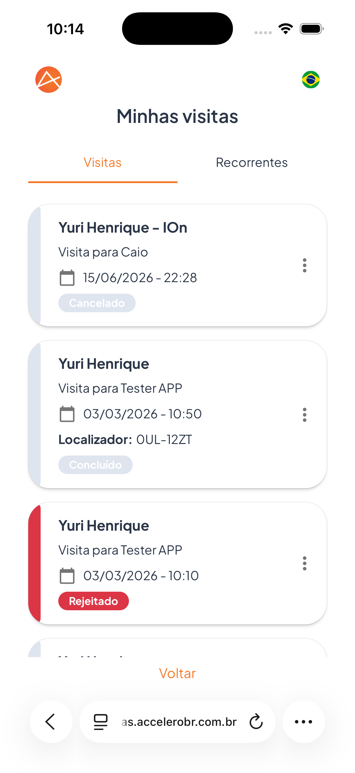 Aba Visitas: registros pontuais com status (Concluído, Cancelado, Rejeitado) e o Localizador.