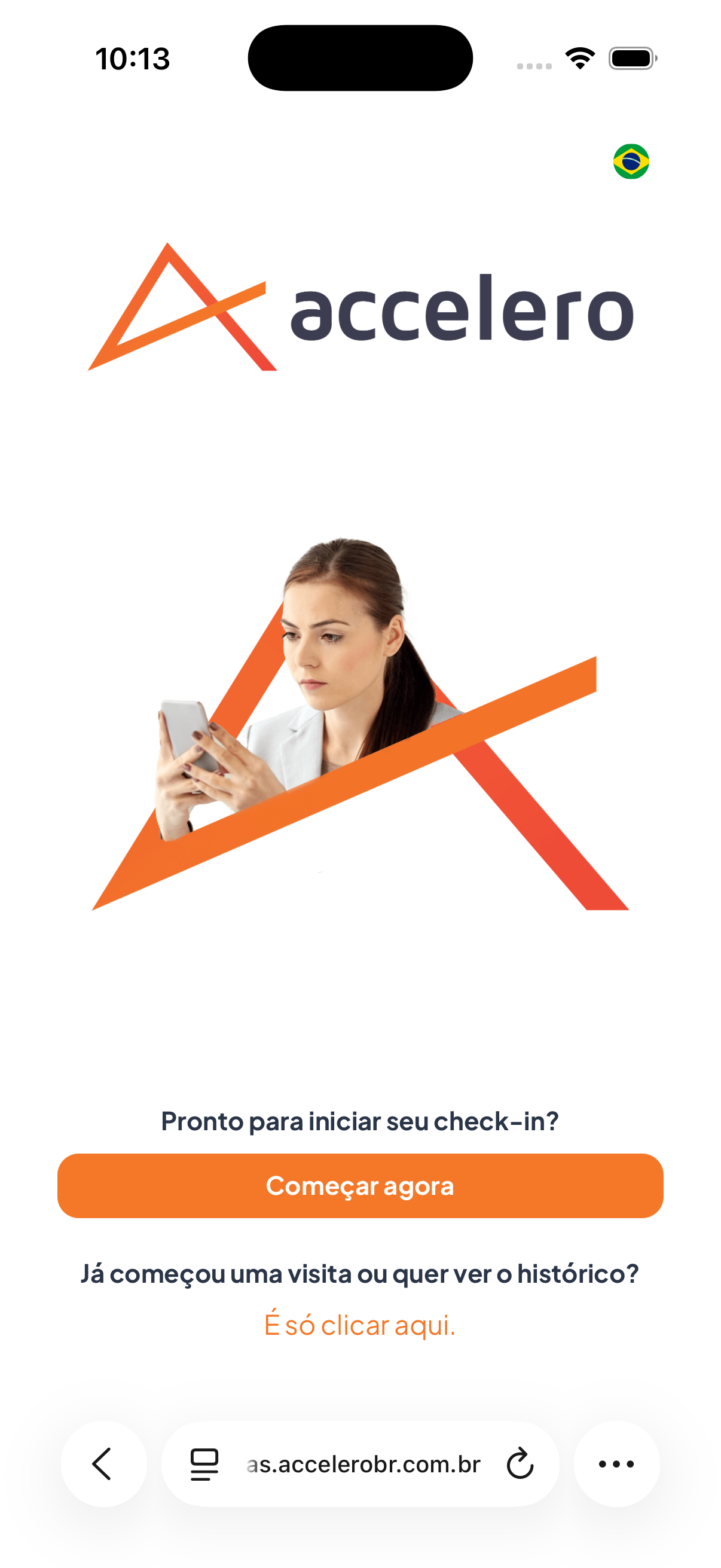 Tela de entrada do fluxo público: Começar agora inicia um check-in; o link abre o histórico.