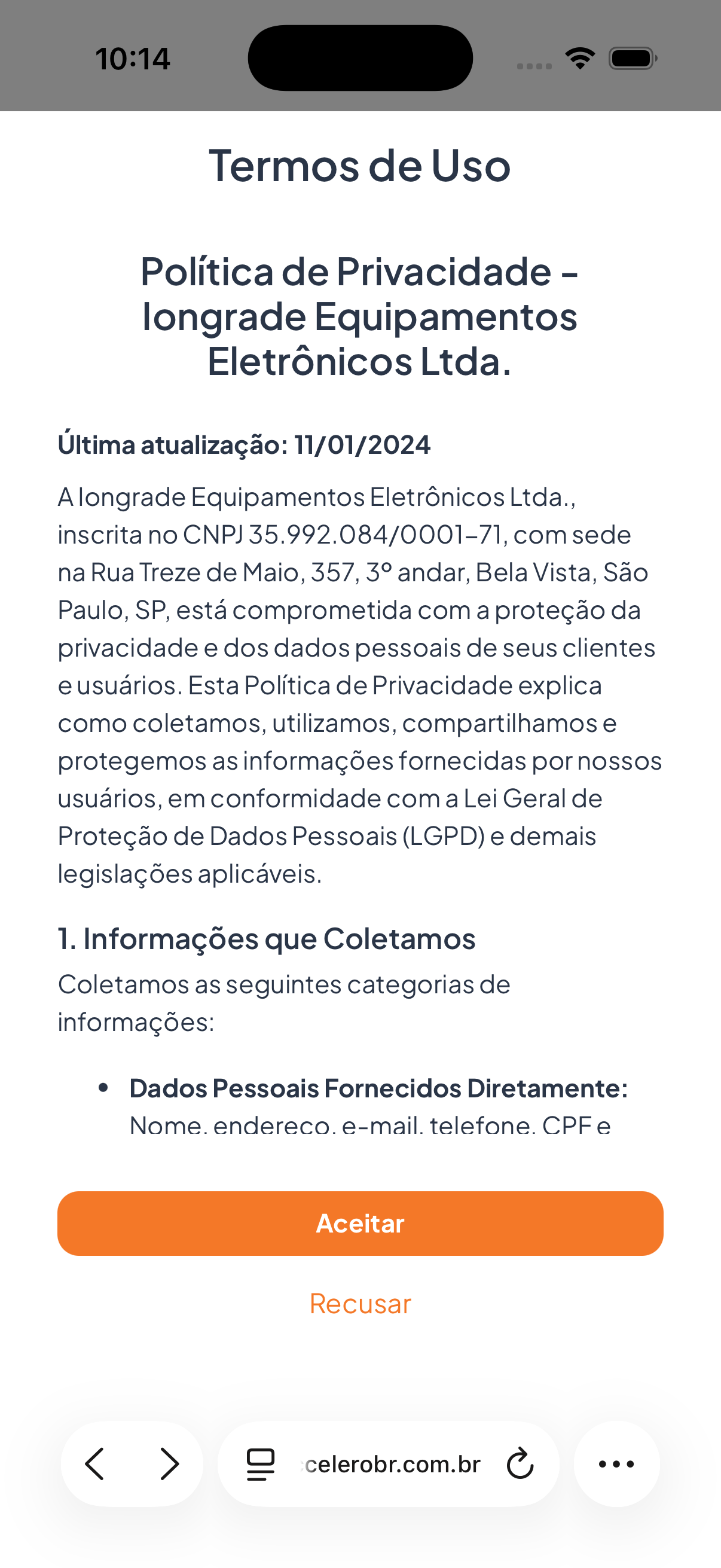 O visitante lê e aceita os Termos de Uso / Política de Privacidade (LGPD) antes de prosseguir.
