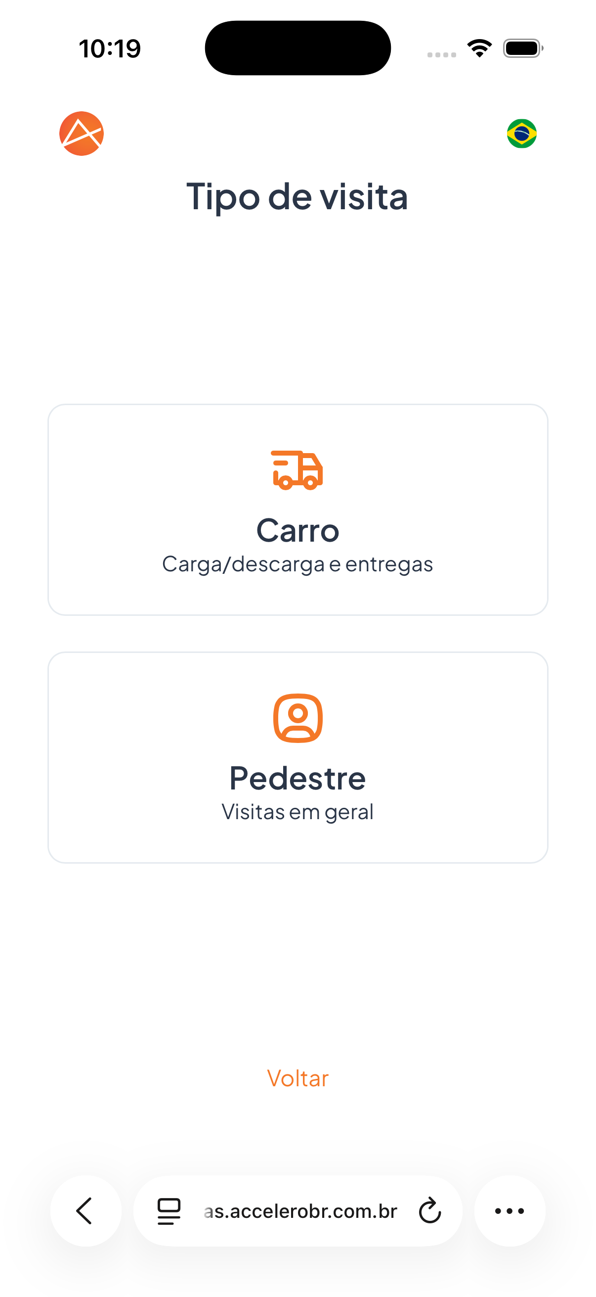 O visitante escolhe como vai chegar: Carro (entrega/carga) ou Pedestre (visitas em geral).