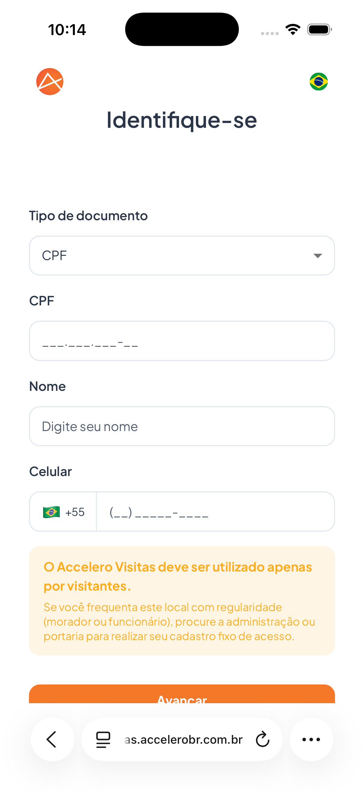 O visitante informa documento, nome e celular — e é avisado de que a plataforma é só para visitantes.