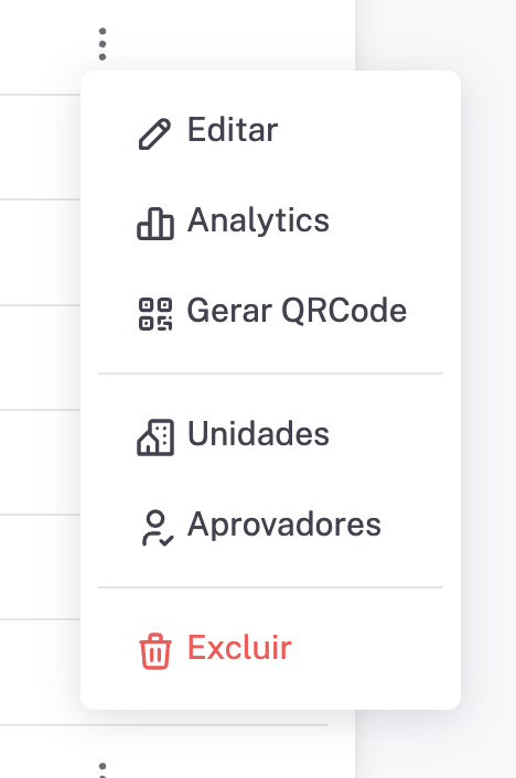O menu de três pontos de cada empresa reúne editar, analytics, gerar QRCode, unidades, aprovadores e excluir.