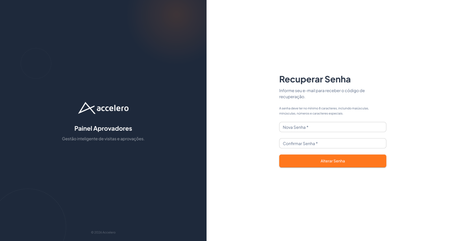 No painel web, a nova senha é definida e confirmada para concluir a recuperação.