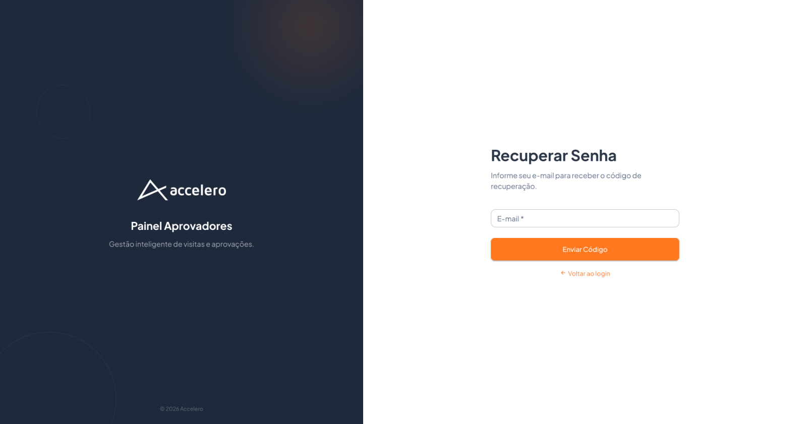 No painel web, Recuperar Senha pede o e-mail e envia o código.